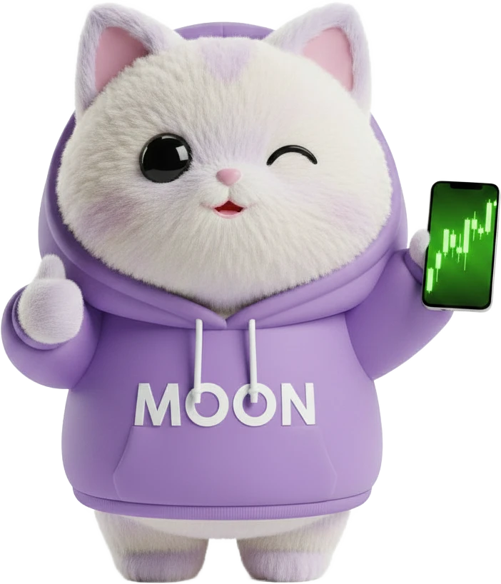 Mooncat — the TradeOnMoon mascot giving a thumbs up, phone with green chart in paw