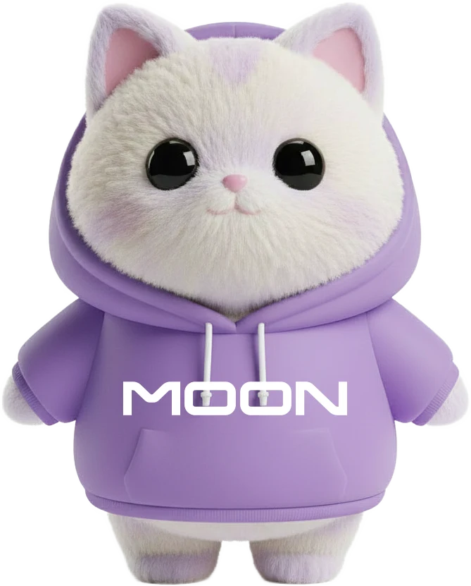 Mooncat — the TradeOnMoon mascot in a MOON hoodie